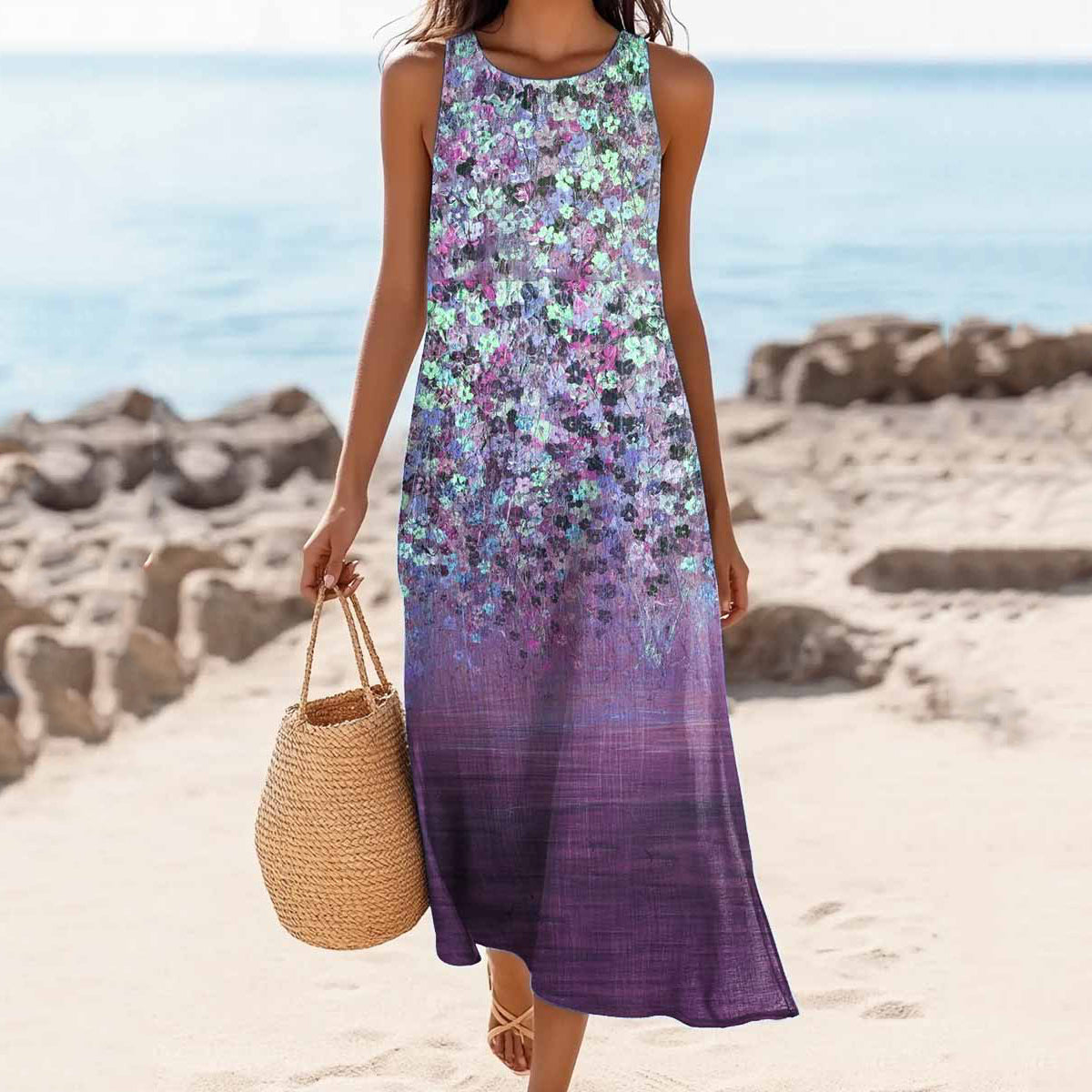 Women's Purple Floral Art Print Sleeveless Dress