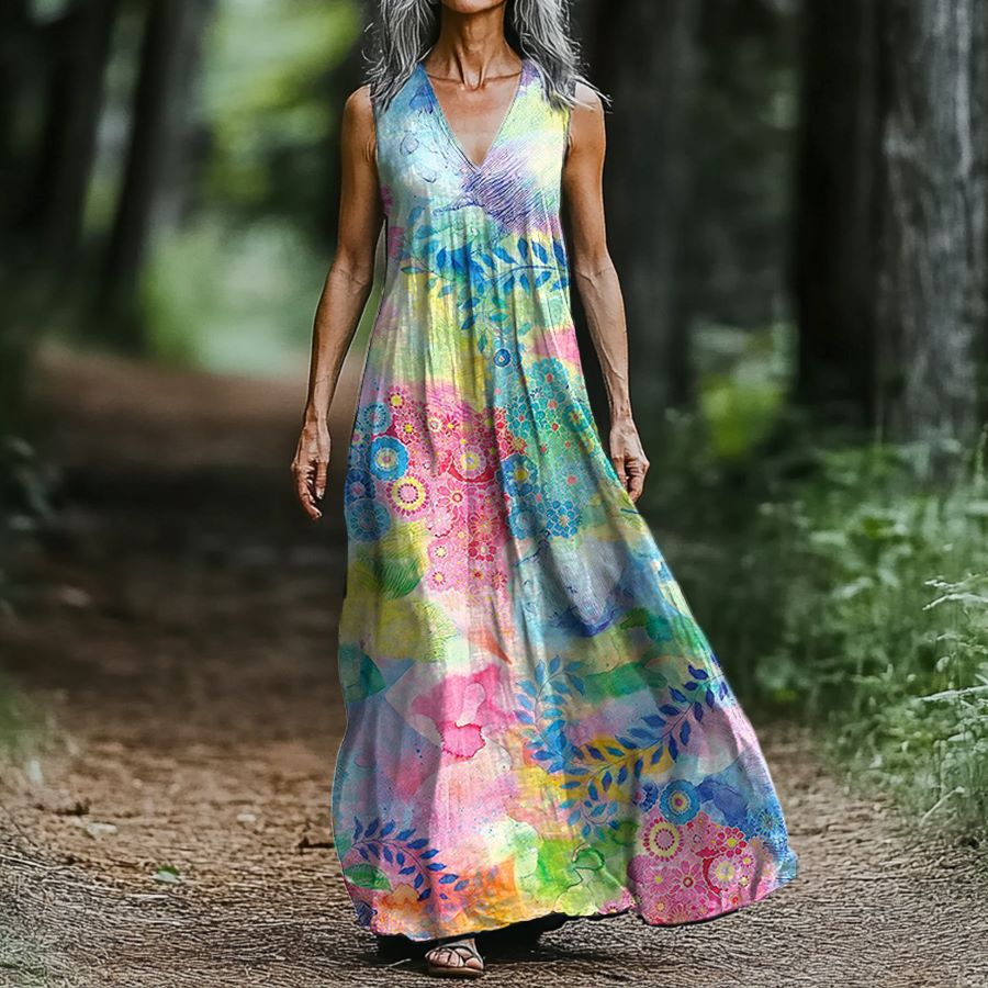 Women's Watercolor Dreamy Floral Pattern Art Print Pocket Cotton Dress