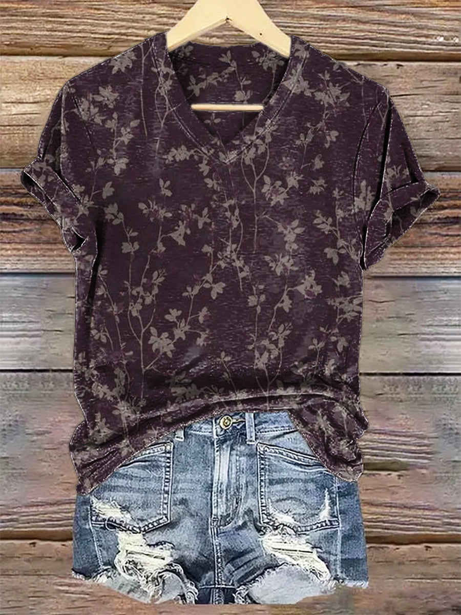 Women's Vintage Floral Art Print V-neck Casual T-Shirt