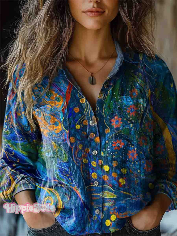 Women's Vintage Folk Floral Art Print Long Sleeve Comfortable Cotton S