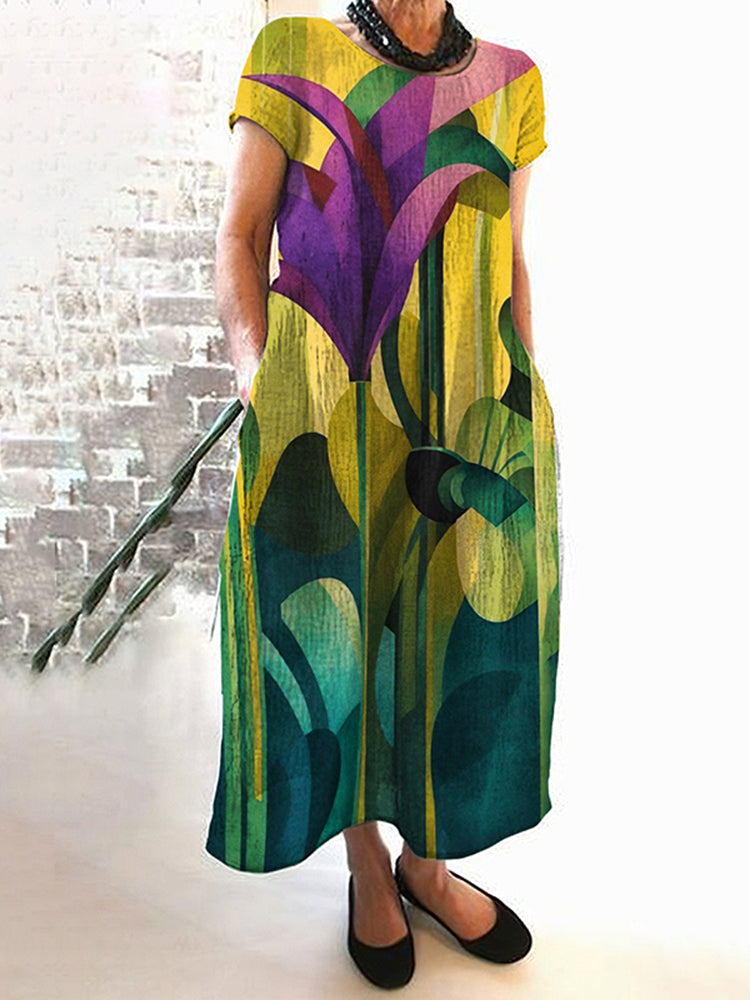 Casual Oil Painting Floral Round Neck Dress