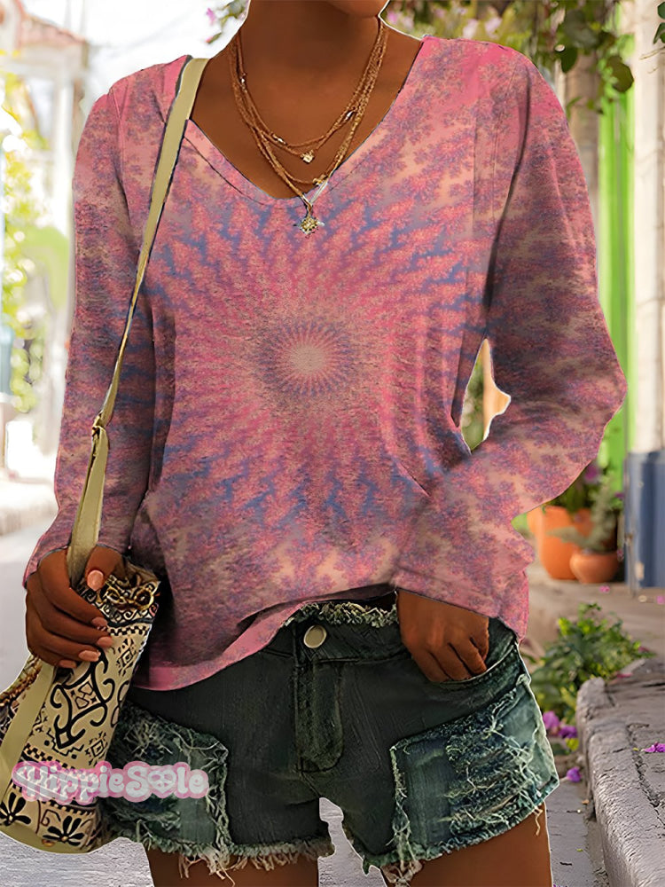 Women's Retro Kaleidoscope Print Casual V-neck Long Sleeve T-shirt