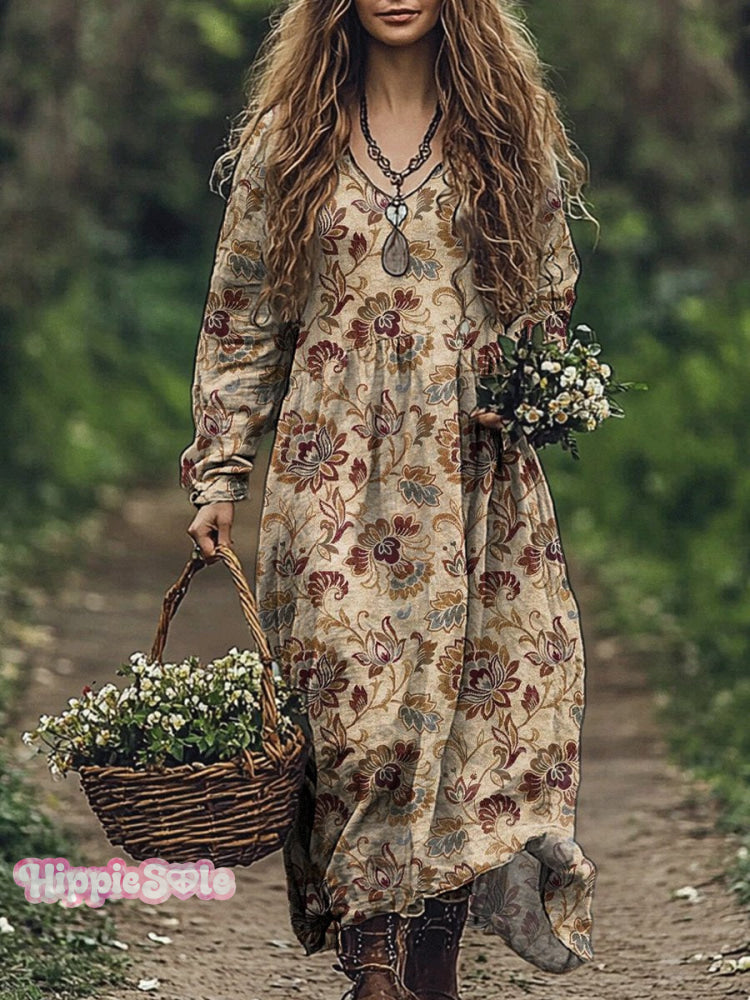 Vintage Floral Repeat Pattern Printed Women's Pocket Cotton Dress