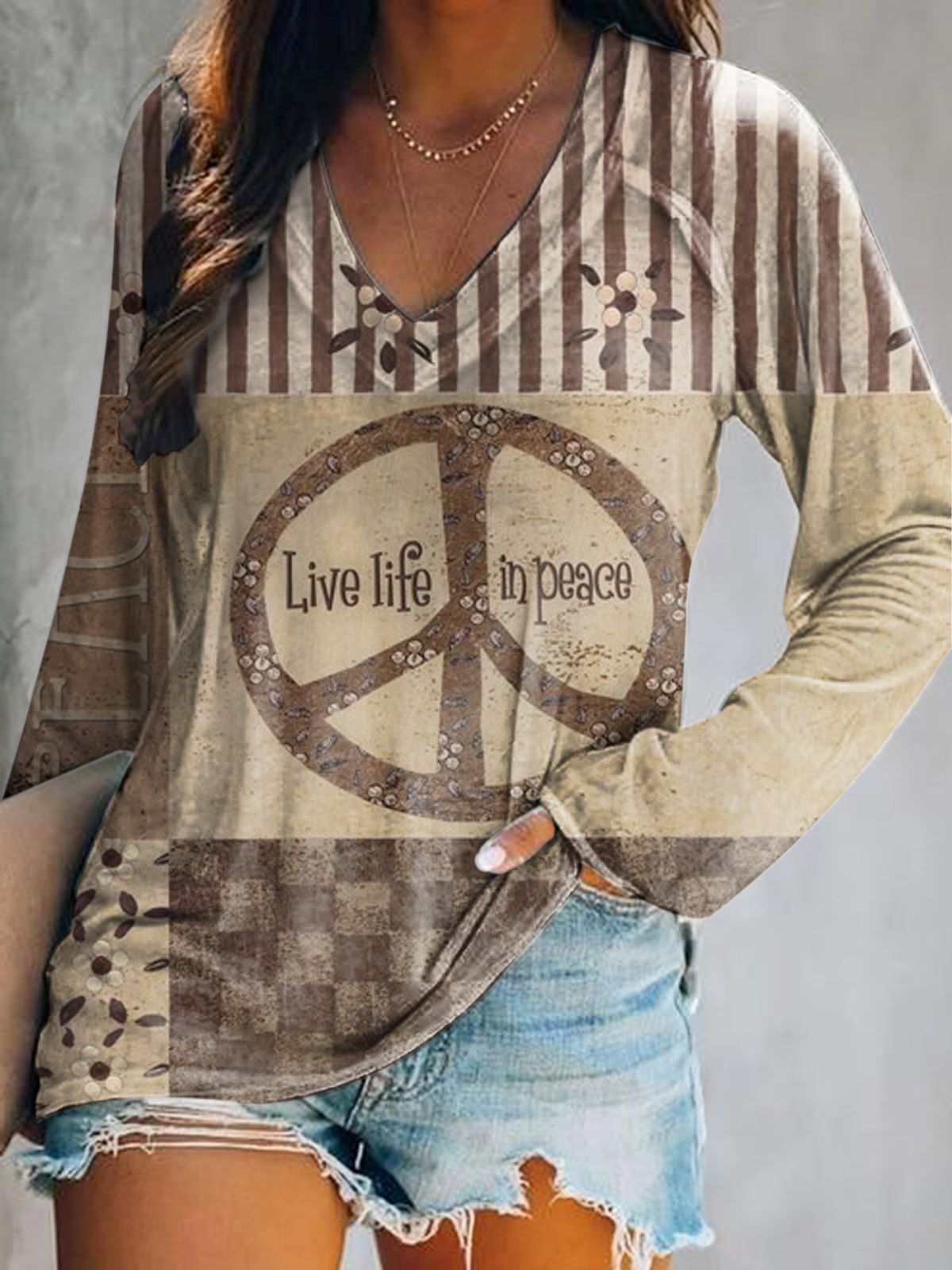 Women's Hippie Patchwork Art Print V-Neck Long Sleeve Top