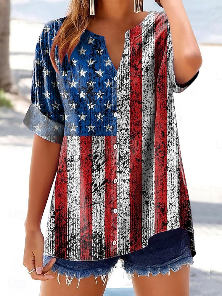 Women's Star National Flag Pattern Art Printed Cotton and Linen Casual