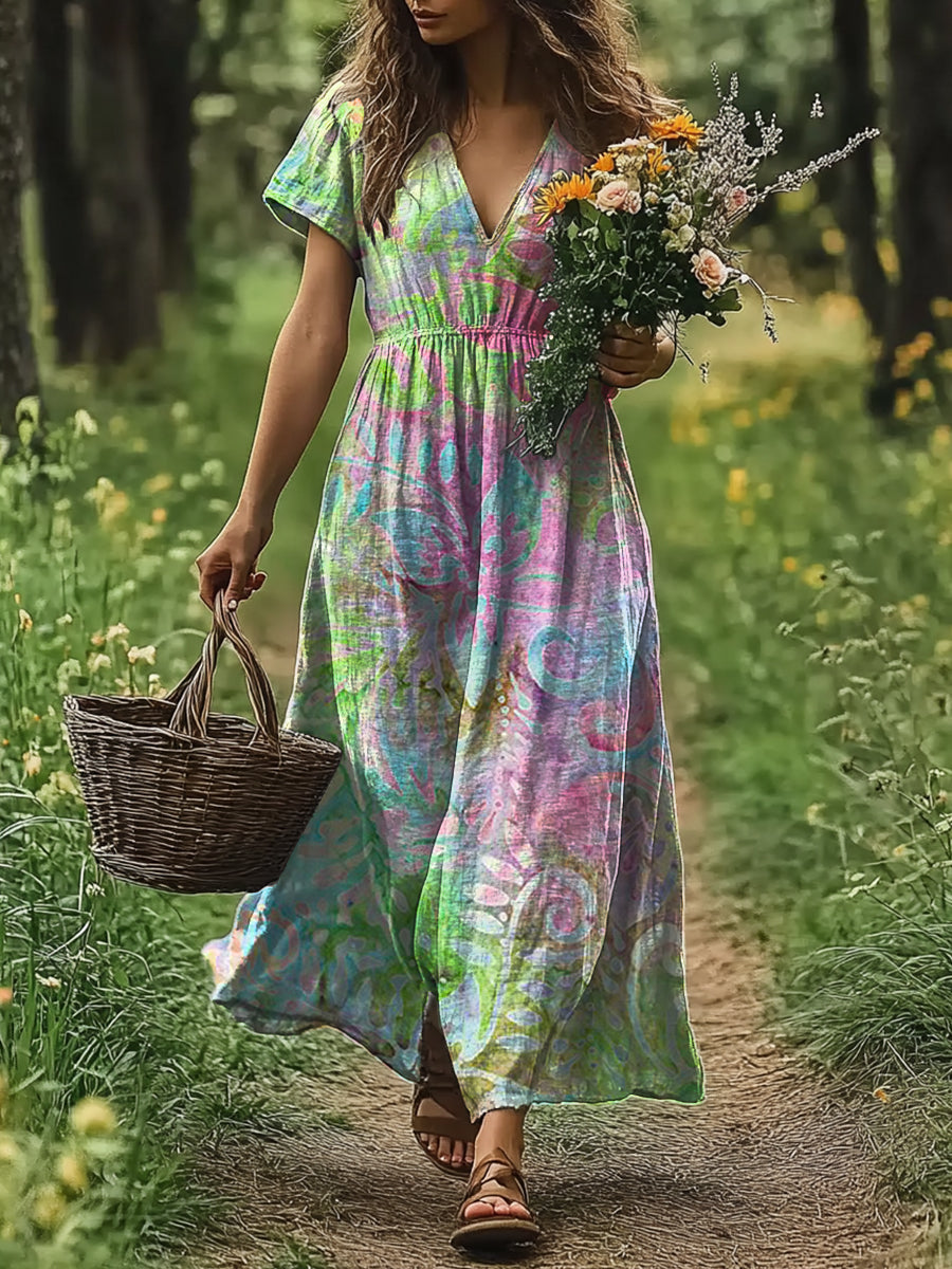 Women's Artistic Floral Ethnic Style Colorful Printed V-Neck Dress