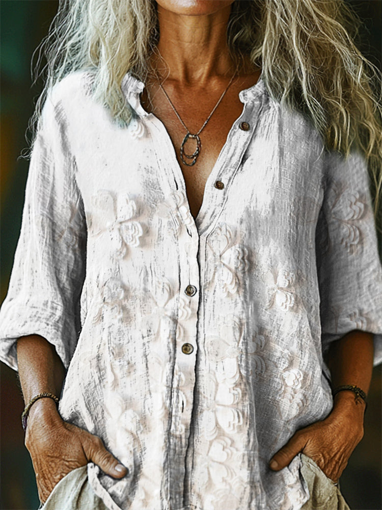 Women's Floral Pattern Art Print Casual Cotton Linen Shirt