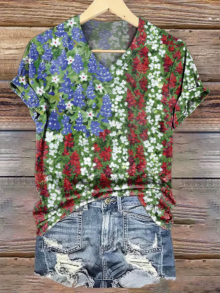 Women's Floral Art Print V-Neck Casual T-Shirt