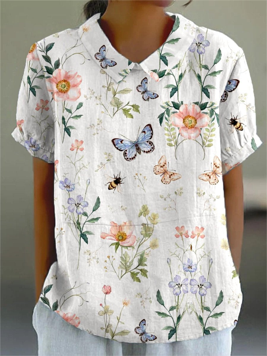 Women's Flower Art Print Casual Cotton And Linen Shirt