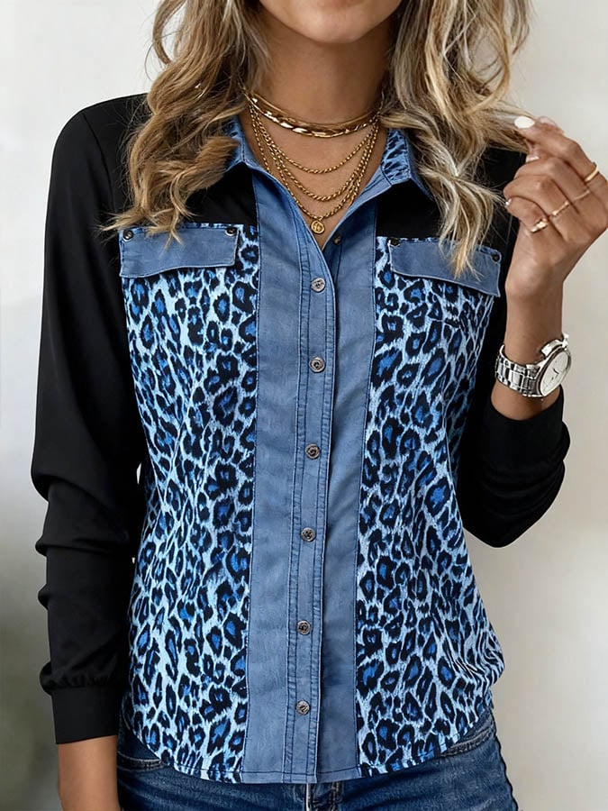 Women'S Casual Contrast Leopard Print Patchwork Shirt