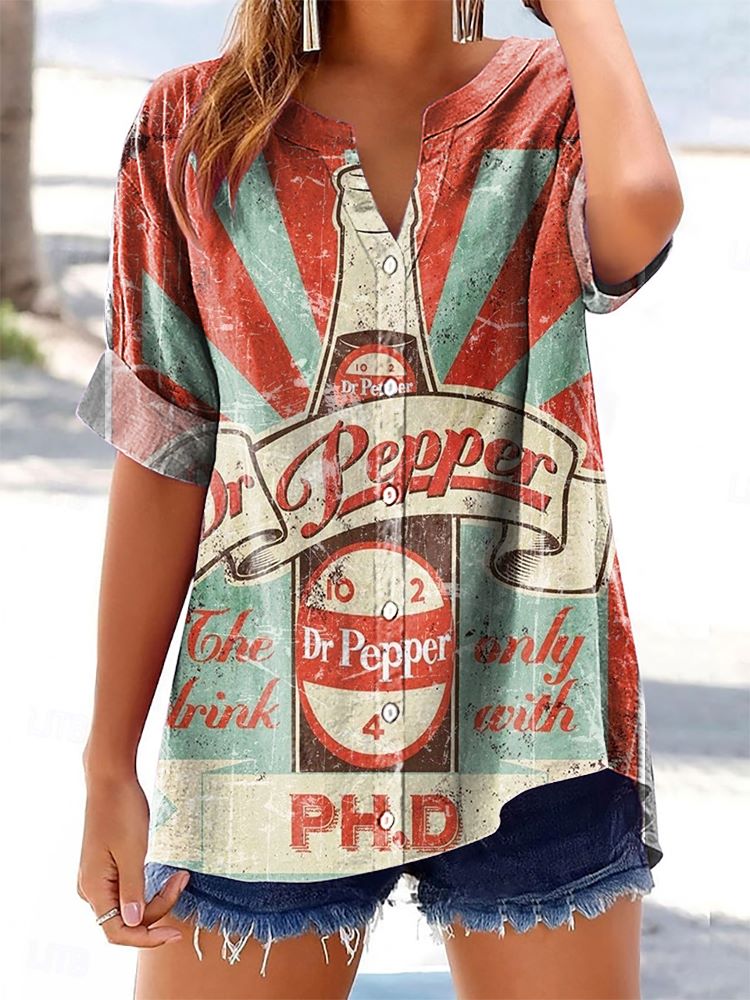 Women's Coke Pattern Art Print Cotton Linen Casual Shirt