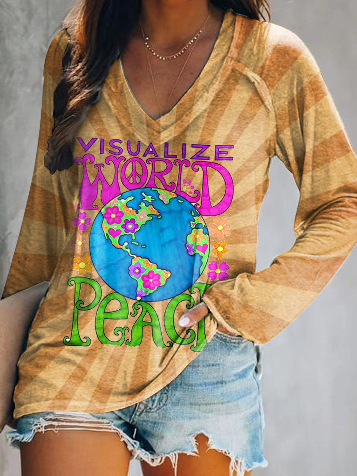 Women's Hippie Art Painting Vintage Print V-Neck Long Sleeve
