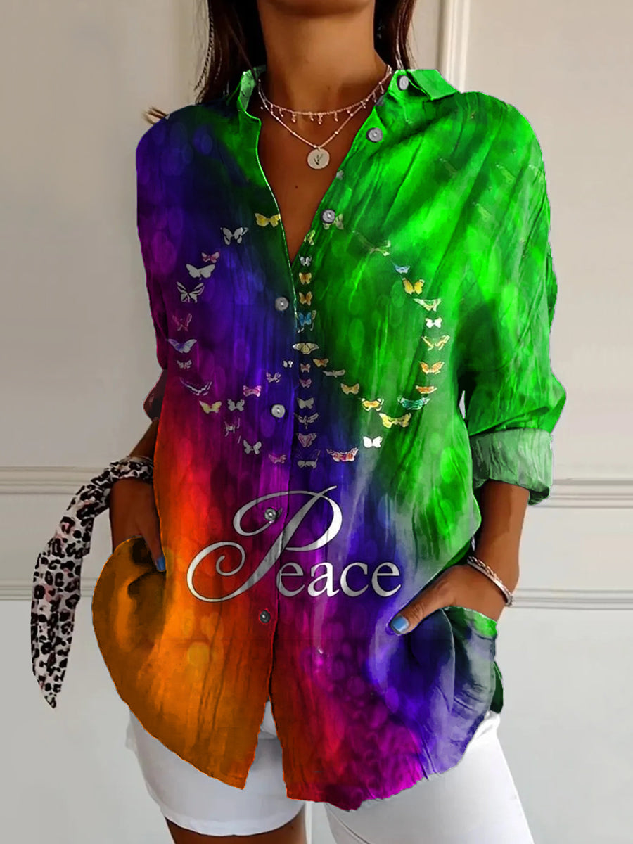 Women's Tie-Dye Love Peace Hippie Pattern Art Print Casual Cotton Shir