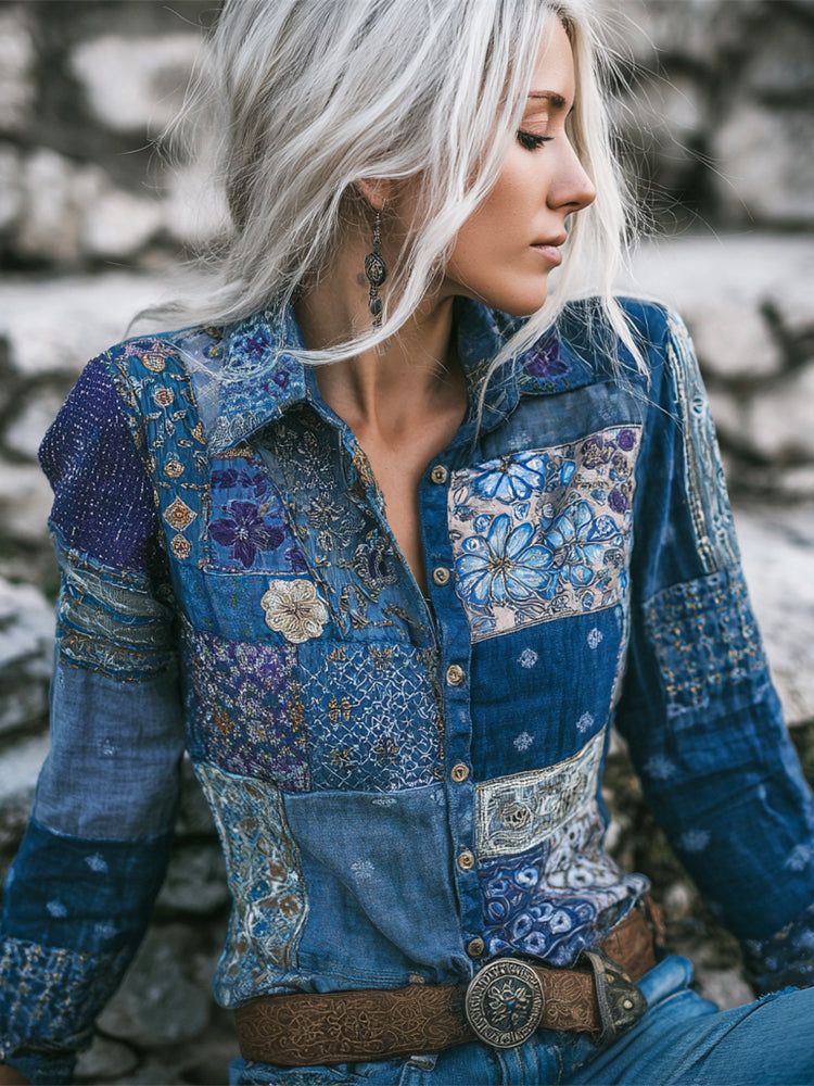 Boho Floral Geometric Thread Patchwork Embroidered Women's Vintage Linen Shirt elevenforest