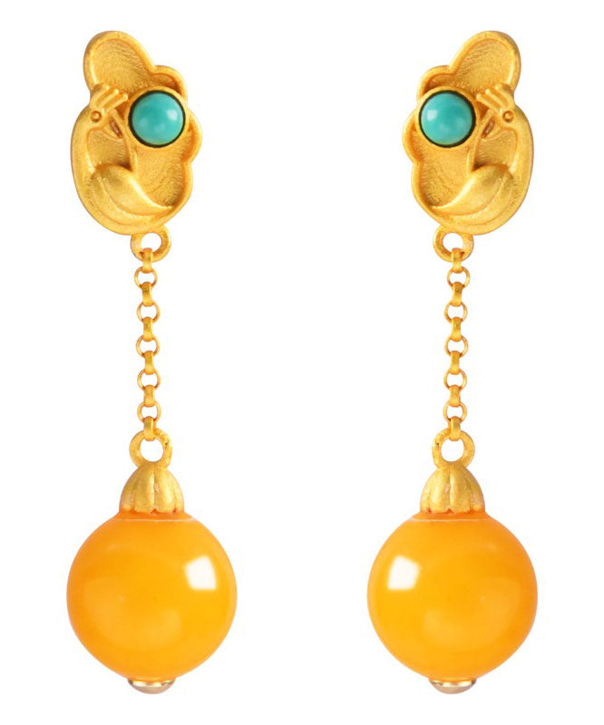 Yellow Sterling Silver Overgild Beeswax Turquoise Drop Earrings