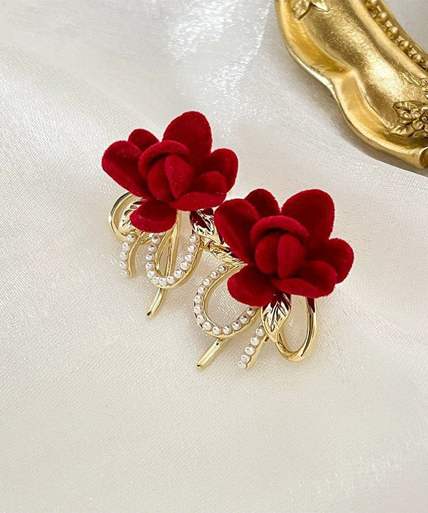Boutique Red Copper Pearl Butterfly Flocking Stud Earrings