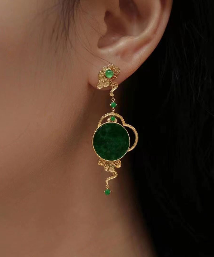 Boutique Retro Green Jade Patchwork 14k Drop Earrings