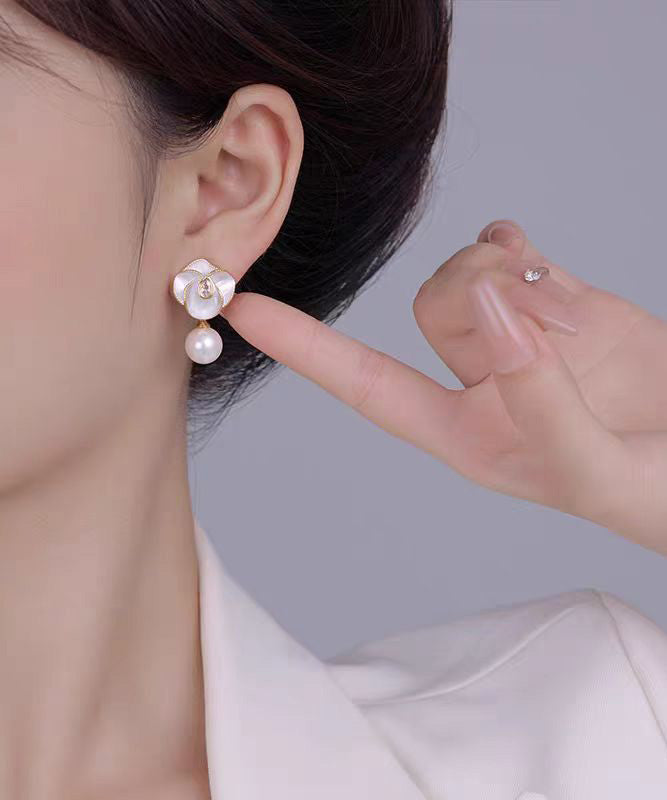 White Sterling Silver Overgild Zircon Pearl Camellia Flower Drop Earrings