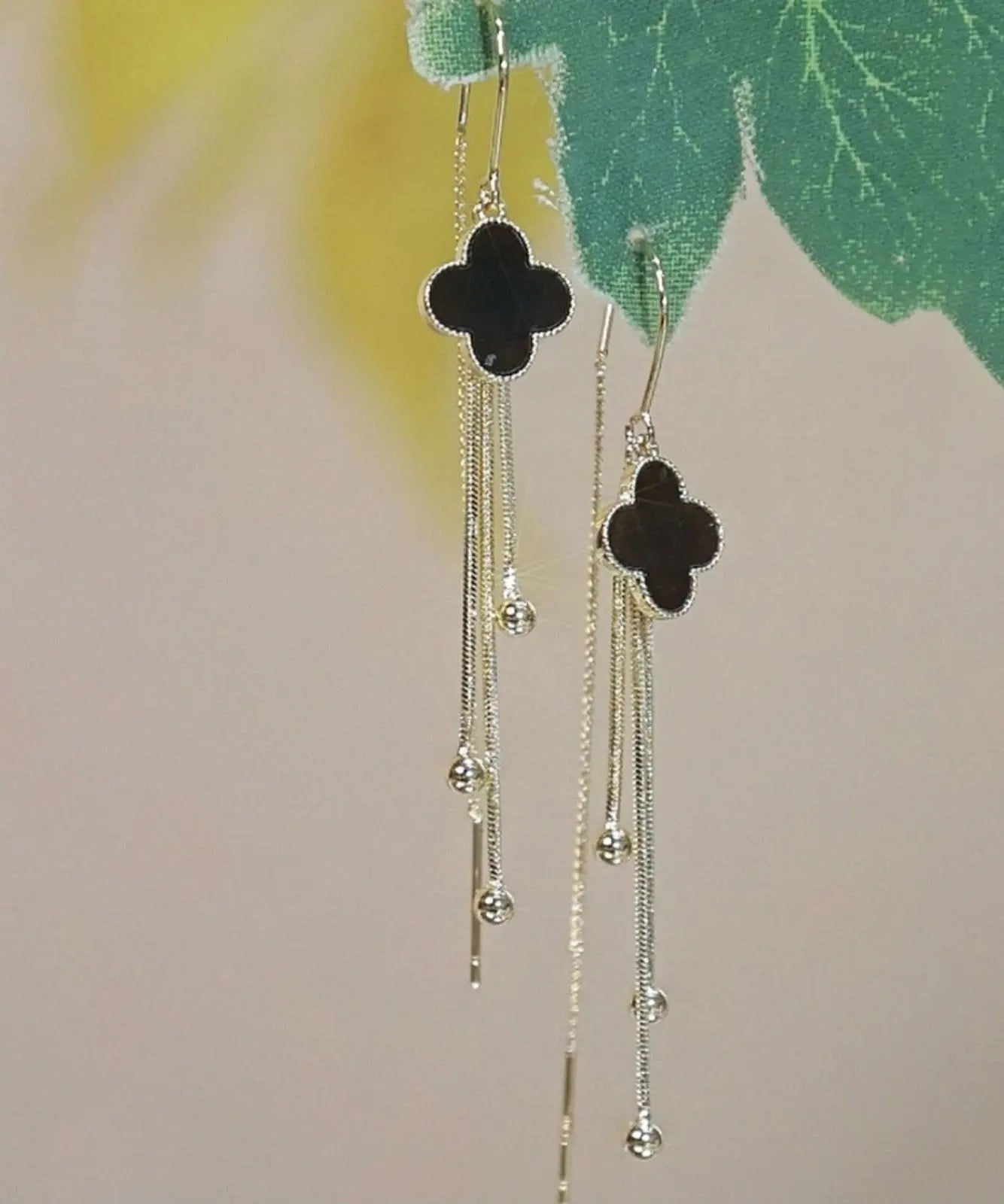 Sterling Silver Black Agate Four Leaf Grass Tassel Drop Earrings