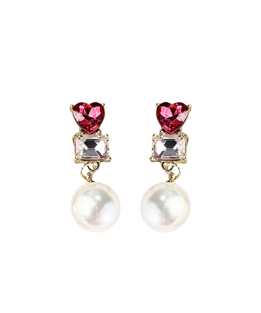Red Sterling Silver Alloy Love Crystal Zircon Pearldrop Earrings