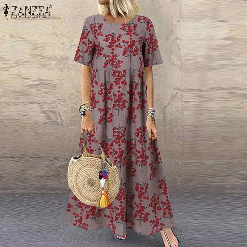 EP | 2024 ZANZEA Femme Bohème Manches Courtes Floral Imprimé Robe Solaire O Col Vacances Caftan Vestido Baggy Robe d'été Robes Longues