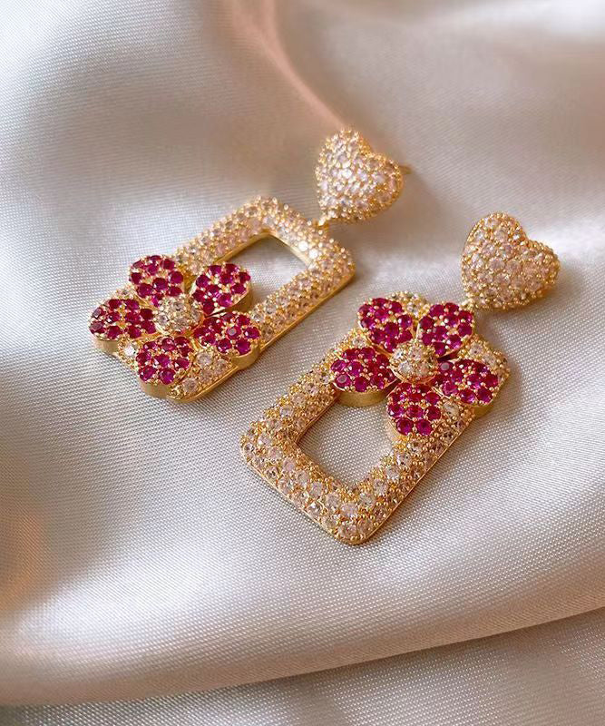 Modern Rose Sterling Silver Overgild Zircon Love Rectangular Shape Drop Earrings