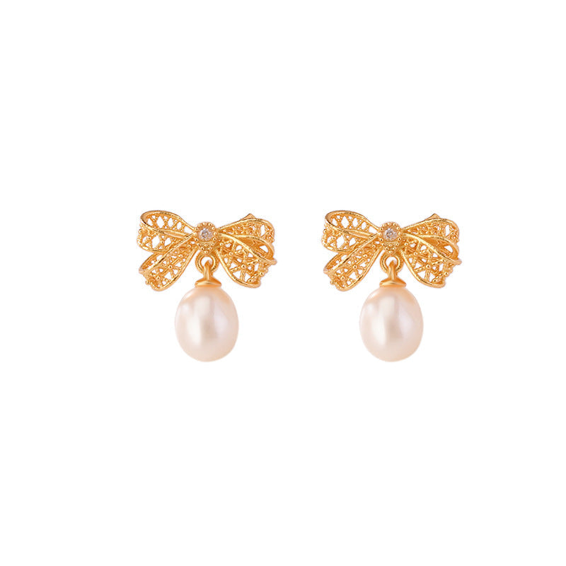 Leslie Pearl Bow Drop Earrings
