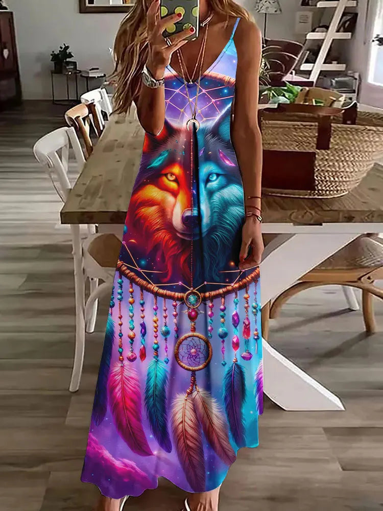 EP | 2024 Nouveau 3D Hibou Impression Vintage Gilet sans manches Longue Femme Motif Tribal Robe Spaghetti Bretelles Eté Longue Robe Gilet Libre