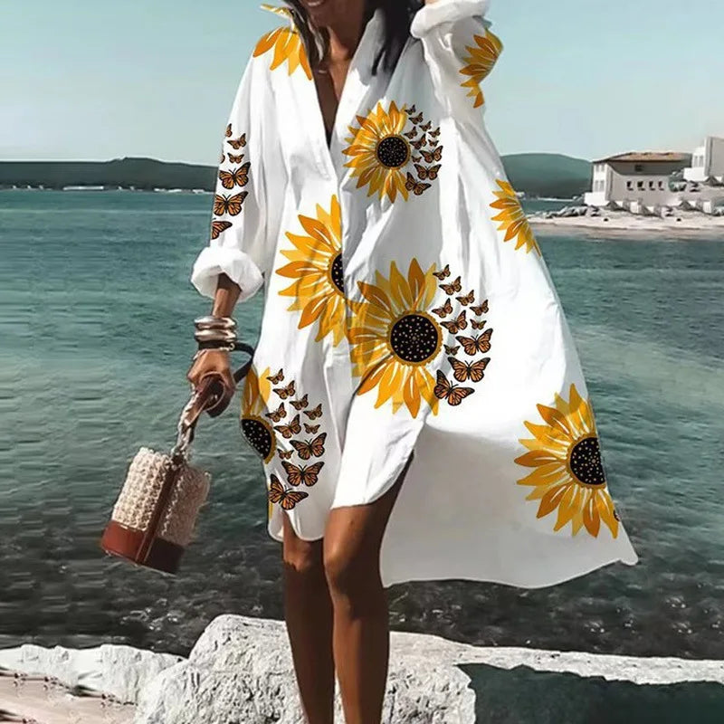 EP | Automne Robe 2024 Nouvelle Mode Loisirs Grace Imprimé Revers Manches Longues Lâche Fête Plage Chemise Femmes Robes MsChuh