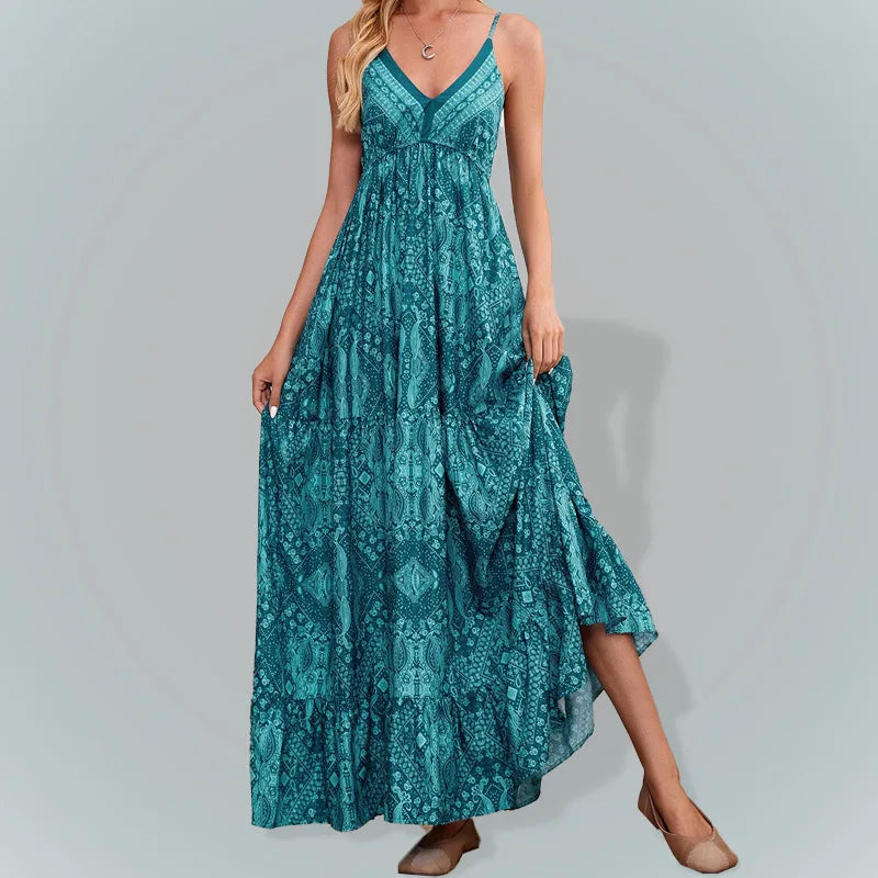 EP | BAMBOOBOY Femmes Col V Fête Longue Robe Vintage Imprimé Bohème Plage Elégante Sans Manches Spaghetti Strap Sexy Maxi Sundress