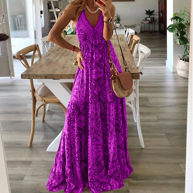 EP | BAMBOOBOY Femmes Col V Fête Longue Robe Vintage Imprimé Bohème Plage Elégante Sans Manches Spaghetti Strap Sexy Maxi Sundress