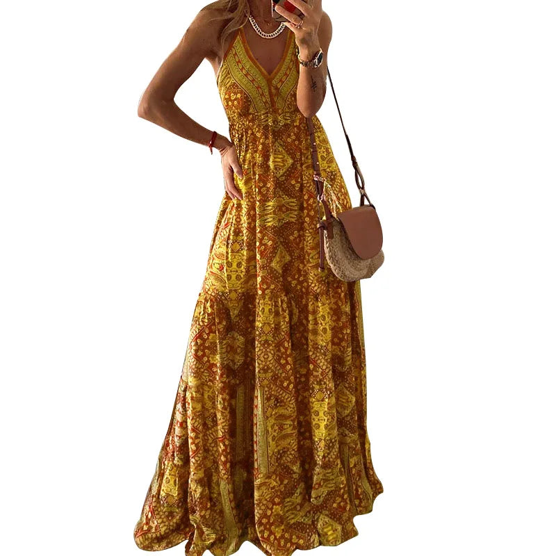 EP | BAMBOOBOY Femmes Col V Fête Longue Robe Vintage Imprimé Bohème Plage Elégante Sans Manches Spaghetti Strap Sexy Maxi Sundress