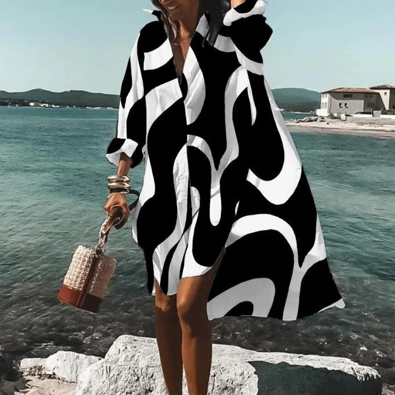 EP | Automne Robe 2024 Nouvelle Mode Loisirs Grace Imprimé Revers Manches Longues Lâche Fête Plage Chemise Femmes Robes MsChuh