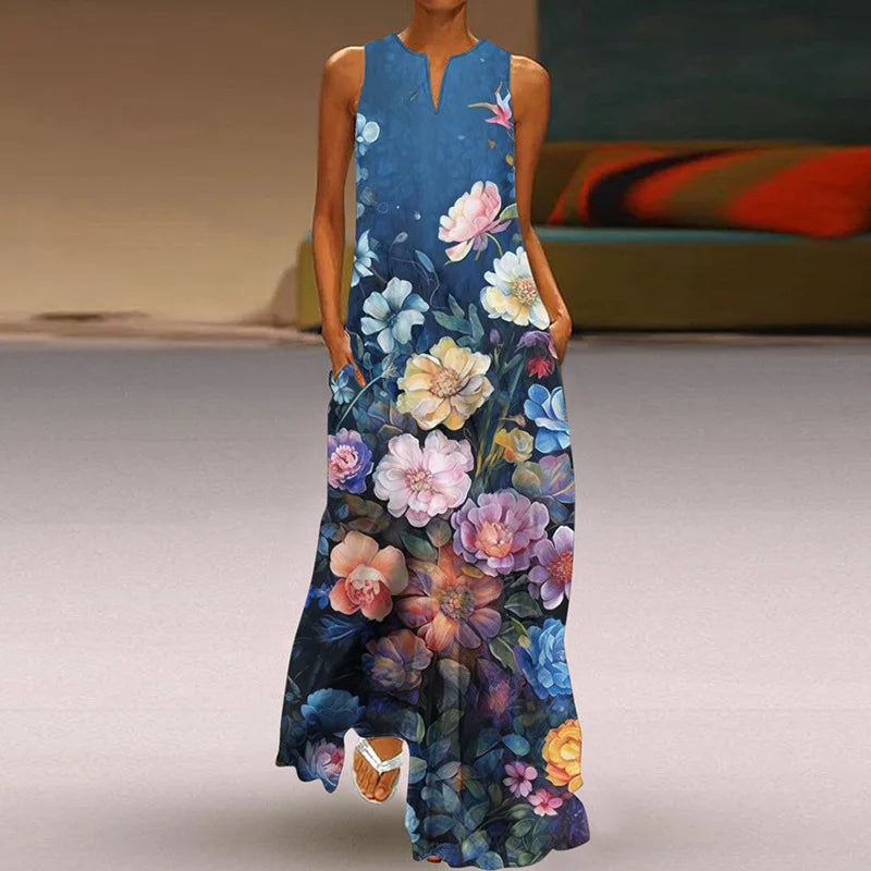 EP | 2025 été nouveau vintage fleur imprimée robes longues femmes mode col V lâche robe sans manches casual commuter Vestidos Femme