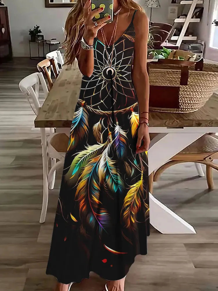 EP | 2024 Nouveau 3D Hibou Impression Vintage Gilet sans manches Longue Femme Motif Tribal Robe Spaghetti Bretelles Eté Longue Robe Gilet Libre