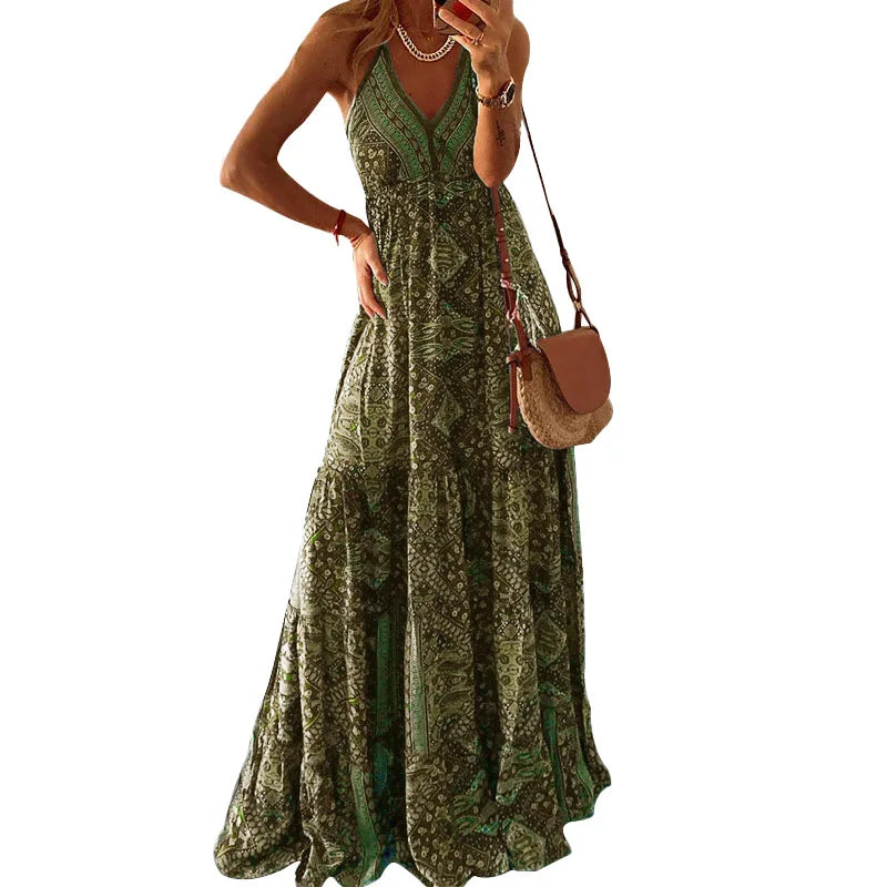 EP | BAMBOOBOY Femmes Col V Fête Longue Robe Vintage Imprimé Bohème Plage Elégante Sans Manches Spaghetti Strap Sexy Maxi Sundress