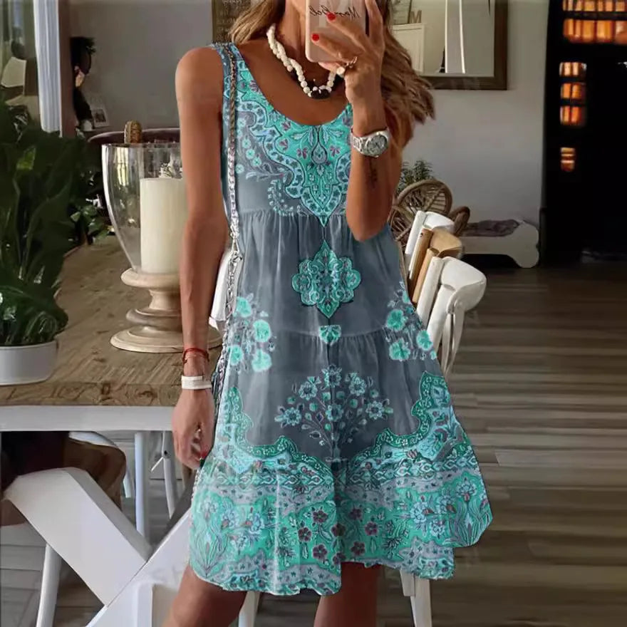 EP | 2024 Nouveau européen et américain d'été imprimé sans manches col V robe gilet de mode de vacances robe imprimée pour les femmes