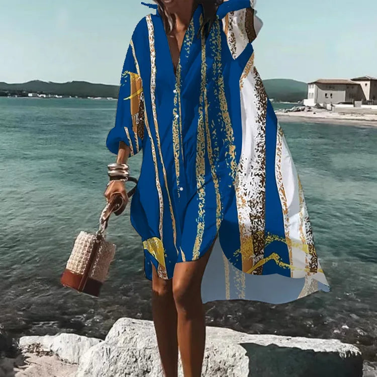 EP | Automne Robe 2024 Nouvelle Mode Loisirs Grace Imprimé Revers Manches Longues Lâche Fête Plage Chemise Femmes Robes MsChuh