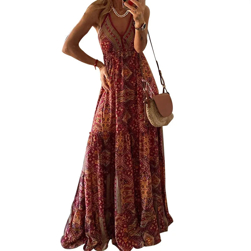 EP | BAMBOOBOY Femmes Col V Fête Longue Robe Vintage Imprimé Bohème Plage Elégante Sans Manches Spaghetti Strap Sexy Maxi Sundress