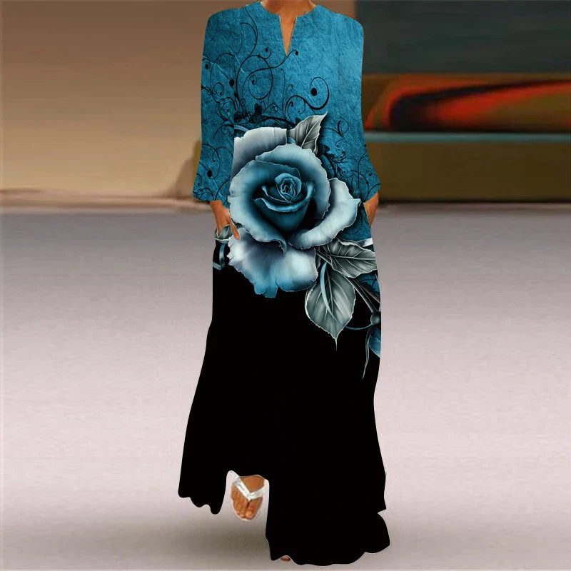 EP | 2024 Européenne et Américaine Transfrontalière Femme Nouvelle Robe Col en V Manches Longues Sexy Imprimé Grand Sac Robe Commerce Extérieur