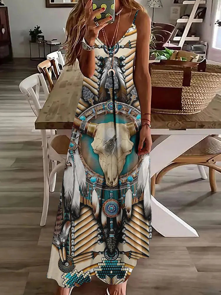 EP | 2024 Nouveau 3D Hibou Impression Vintage Gilet sans manches Longue Femme Motif Tribal Robe Spaghetti Bretelles Eté Longue Robe Gilet Libre