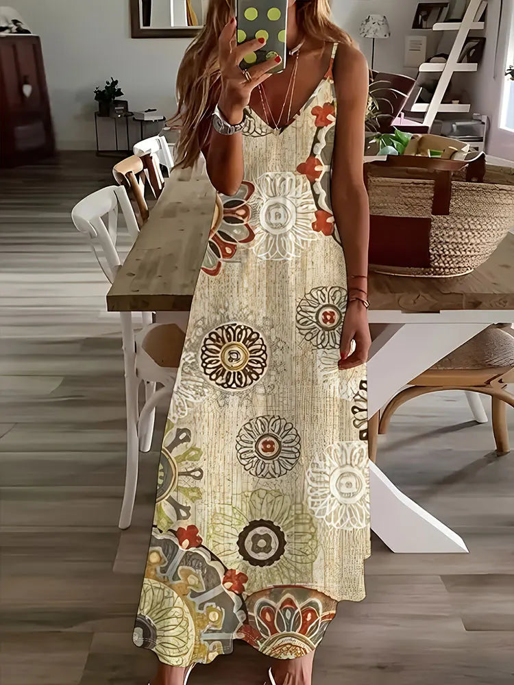 EP | 2024 New Vintage Ethnic Print Ladies Elégante robe d'été Ladies Casual Robe sans manches Street Fashion Ladies Long Dress