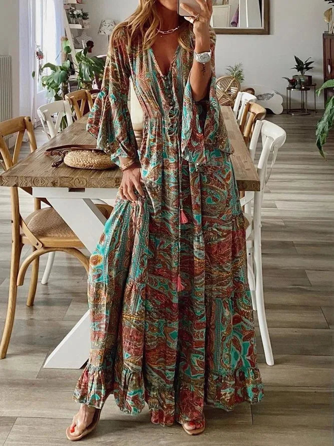 EP | 2023Croix Border style bohème manches évasées imprimé v-cou robe de vacances cintrée haute avec robe florale pour les femmes