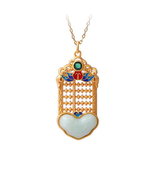Unique Gold Copper Overgild Enamel Jade Pendant Necklace Kx1067