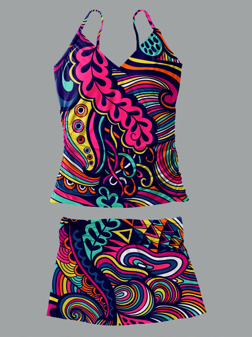 V-Neck Vintage Flowers Print Suspender Skirt Tankini Pantskirt Set Swimsuit