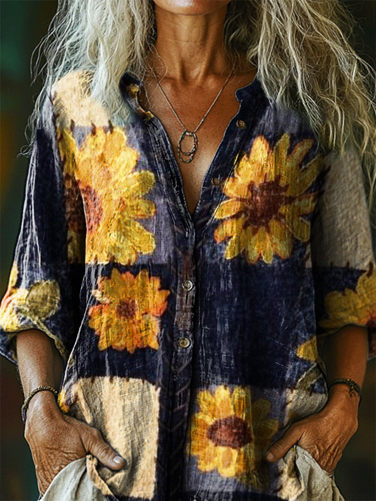 Women's Bohemian Floral Art Print Casual Cotton Linen Shirt