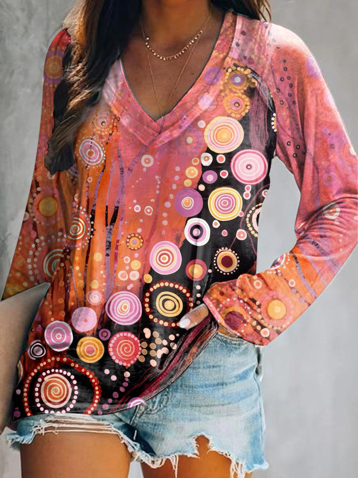 Women's Art Painting Hippie Print V-Neck Long Sleeve