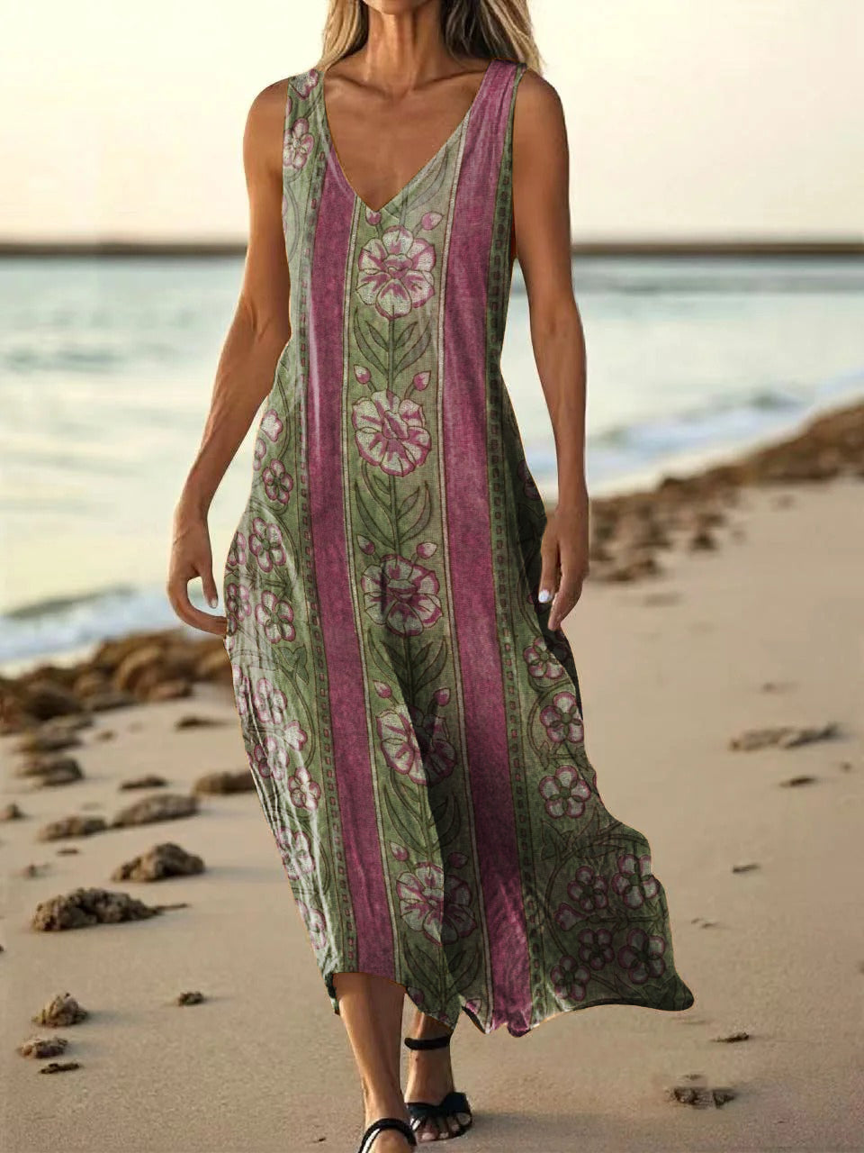 Women's Vintage Bohemian Folk Floral Collage Print V Neck Sleeveless P