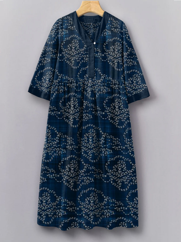 Japanese Traditional Sashiko Art Pattern V-Neck Long Sleeves Dress