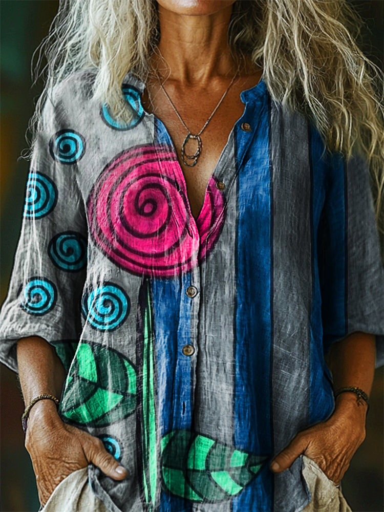 Women's Vintage Bohemian Floral Art Print Casual Cotton Linen Shirt